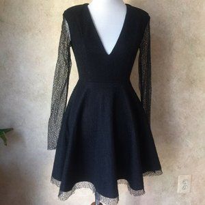 XS Women Black Lace Sheer Sleeves Mini Party Dress